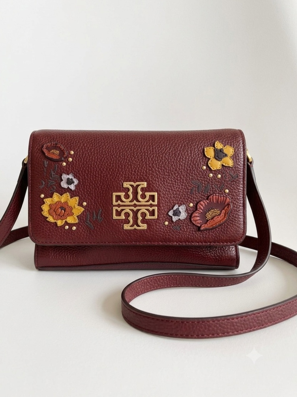 Tory Burch *LEATHER* Britten Floral Appliqué Crossbody | Port Burgundy / Gold